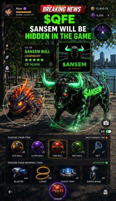 A mobile game screenshot showing a 'BREAKING NEWS' announcement for '$QFE: $ANSEM WILL BE HIDDEN IN THE GAME,' featuring a glowing green '$ANSEM BULL' character alongside gameplay UI elements like 'GEO BALL' and 'LASSO.'
