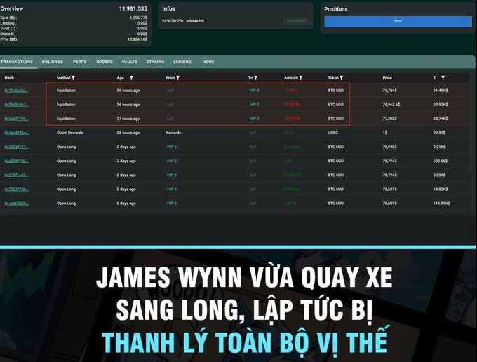 A crypto trading dashboard showing transactions and positions in USDC and BTC-USD, with Vietnamese text at the bottom reading 'JAMES WYNN VỪA QUAY XE SANG LONG, LẬP TỨC BỊ THANH LÝ TOÀN BỘ VỊ THẾ'.