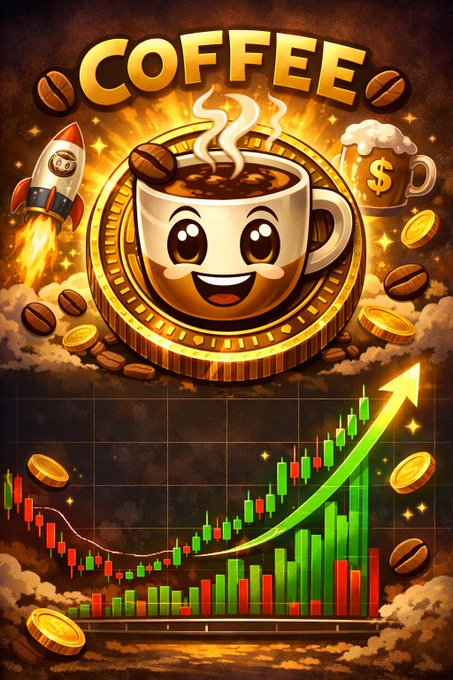 The image features a cartoon coffee cup with a friendly smiley face, accompanied by various money coins floating around and depicting a rocket launching into the sky. In the background, there's an upward-thrusting rocket against a dark sky with numbers and symbols on its surface, suggesting that the post is likely about the development or launch of the "CoffeeCoin" currency or investment opportunity.