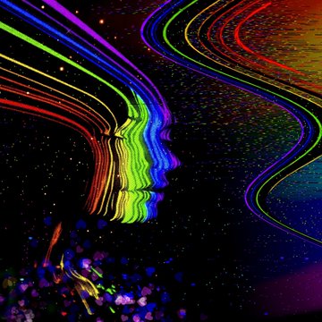 An abstract colorful image featuring rainbow-colored light trails and streaks curving across a dark, speckled background.