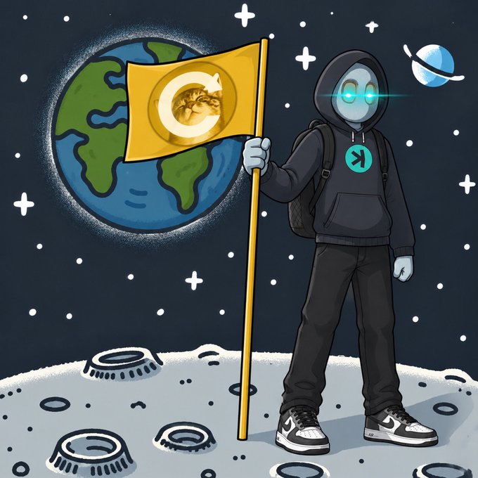 An astronaut-hooded figure plants a "$CATE" flag on the moon with Earth in the background, symbolizing the cryptocurrency's projected "moonshot" to a 150-200M market cap. The lunar conquest imagery reinforces the bullish sentiment of reaching new heights in the next price leg.