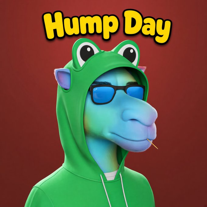 A meme image showing a person wearing a green frog hoodie and blue sunglasses with a toothpick, with yellow text reading 'Hump Day' above.