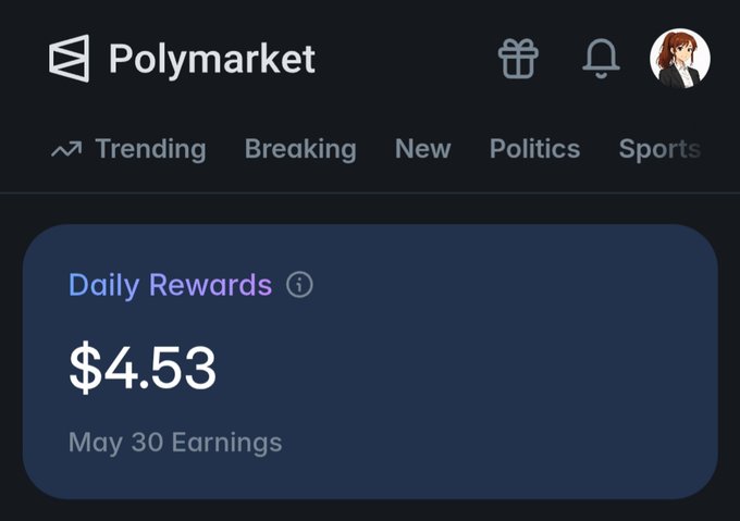The image features a screenshot of a social media post displaying information about daily rewards for users who engage with the Polymarket app. The screen shot shows various details, such as the date that this particular account was created (May 30), the amount of money gained from the app, and whether there are any more rewards or discounts available in the future.

The post also highlights how Polymarket has been helpful to farmers by providing them with financial gains after they engage with the platform. The image appears to be a snapshot of someone's experience on the app within just an hour.