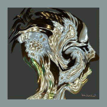 An abstract, metallic-looking portrait of a face with flowing, liquid-like silver and gold textures set against a dark background.