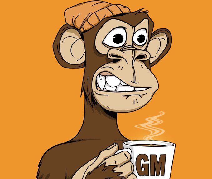 A cartoon monkey wearing an orange beanie and holding a steaming cup labeled 'GM' against an orange background.