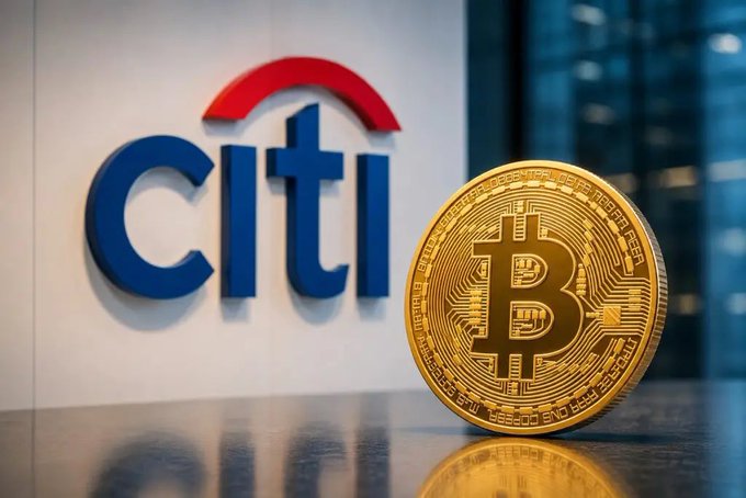 A gold Bitcoin coin stands prominently in front of the Citi (Citibank) logo displayed on a wall, visually linking the cryptocurrency with the major banking institution. The image illustrates the post's announcement that the bank projects Bitcoin could reach $113,000 by next year.