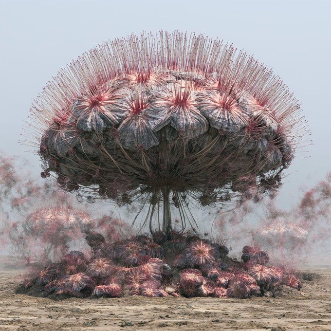 A surreal, otherworldly landscape features a massive, mushroom-like plant structure covered in long, thin, pink-tipped spikes, surrounded by smaller similar growths on a barren, dusty ground.