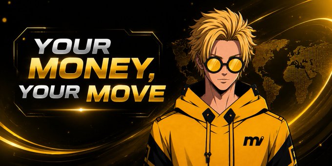 The image features a cartoon character wearing a yellow hoodie with sunglasses and the words "Your Money, Your Move" written above them. The background of the image is black, which contrasts with the bright yellow color of the character's outfit. There are no other objects or texts in the image besides the main subject - the cartoon character.