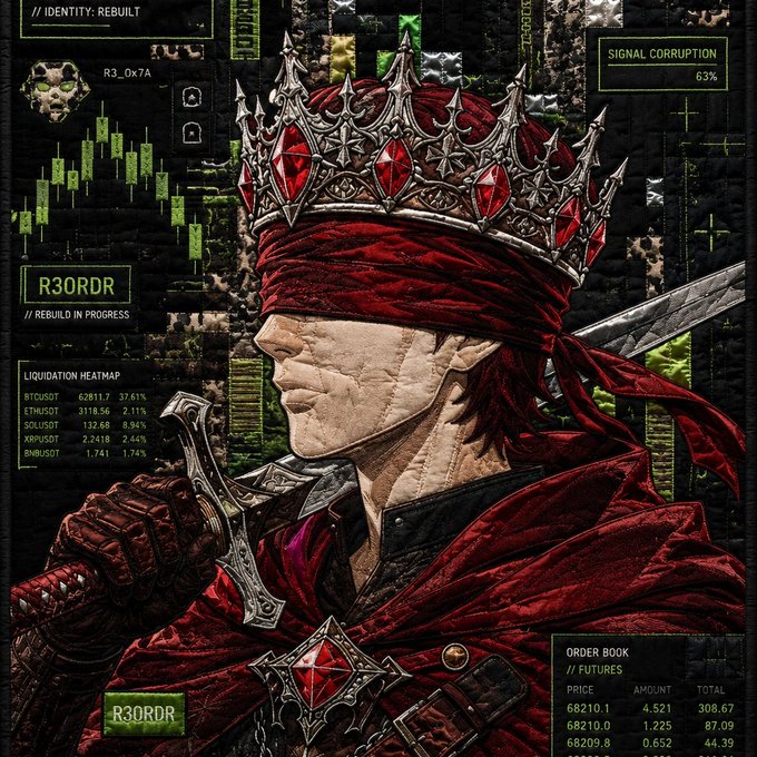 A digital illustration of a hooded warrior in a red cloak wearing a spiked crown with red gems, surrounded by crypto trading interface elements including 'R30RDR', a 'LIQUIDATION HEATMAP' showing BTC/USDT and ETH/USDT, and an 'ORDER BOOK' with futures data.