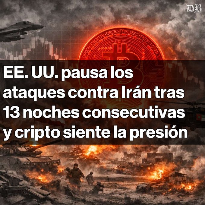 A Spanish-language news headline reading 'EE. UU. pausa los ataques contra Irán tras 13 noches consecutivas y cripto siente la presión' (US pauses attacks against Iran after 13 consecutive nights and crypto feels the pressure), overlaid on a war-torn image with a Bitcoin logo and military vehicles.