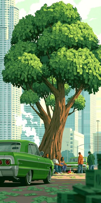 A stylized digital illustration showing a massive money tree with leaves made of dollar bills growing in an urban setting, with a green vintage car and people standing on a street scattered with cash.