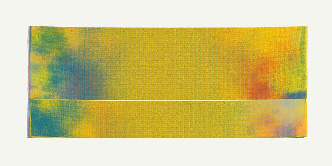 The image features a large yellow and orange abstract painting with a white background, which appears to be a canvas or a piece of fabric. The painting has a unique texture that adds depth and interest to its surface. The artist's name, Erik Swahn, is also present in the image along with the post where it was posted on.