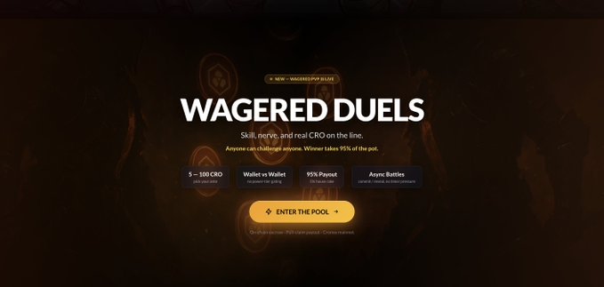 The image shows a banner for a game called "Waged Duels" with a dark background, featuring a pool table and a scoreboard displaying the game's rules. The text on the banner indicates that the game is currently open and available for play in beta mode. It also mentions that there are two skill levels: one for wallet games and another for deck variation games. Additionally, it provides details about the game's mechanics and how to enter the pool.