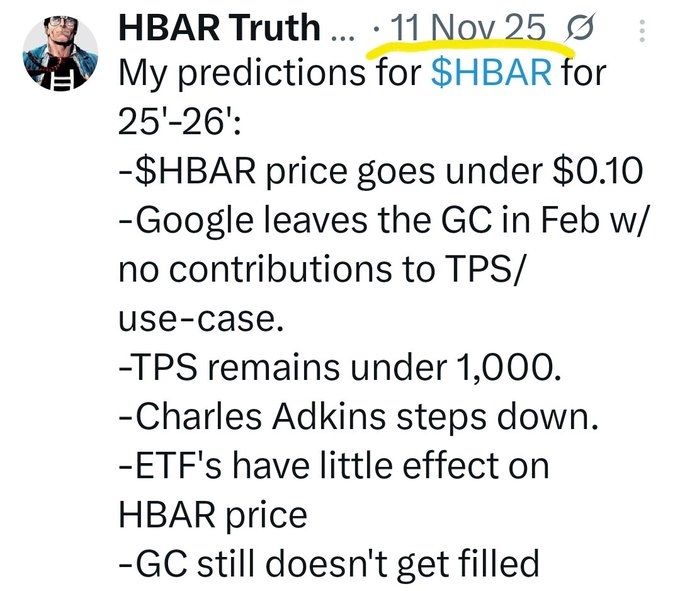 The image features a poster with text that reads "I'm predicting $HBAR for November 25". This indicates that someone is trying their best to predict when the price of Bitcoin will go under $10. The post also includes some statistics about the market, suggesting that the price might be relatively low and the demand may be high. However, it doesn't provide any concrete information or certainty regarding the future value of the currency.