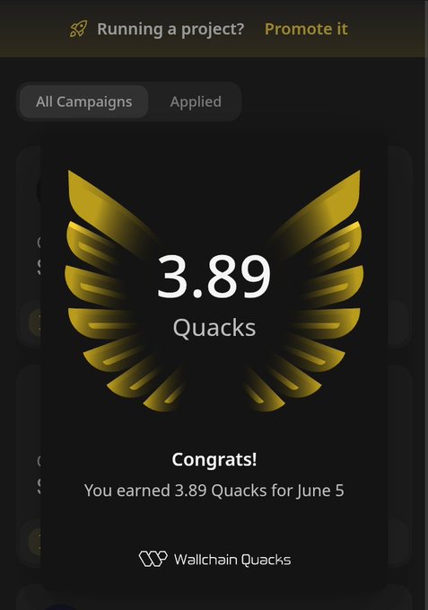 The image is a screenshot of an app called Quacks, which has received a rating from 5 stars based on the number of Quacks that users have earned for their activity or accomplishment on June 5th. The screenshot displays a gold trophy with an eagle's wing shape and the words "Congratulations! You earned 3.89 Quacks". A note next to the trophy congratulates the user, stating they should be proud of their achievement.