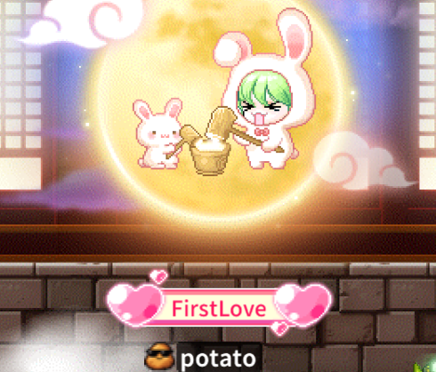 An anime-style game screen showing a character in a bunny suit pounding mochi with a mallet, labeled "FirstLove" with "potato" underneath.