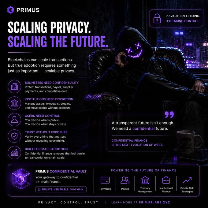 A promotional graphic for PRIMUS titled 'SCALING PRIVACY. SCALING THE FUTURE.' features a hooded figure with a glowing mask and lists features like 'BUSINESSES NEED CONFIDENTIALITY' and 'PRIMUS CONFIDENTIAL VAULT,' directing users to PRIMUSLABS.XYZ.