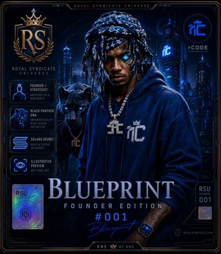 A promotional graphic for 'ROYAL SYNDICATE UNIVERSITY' Blueprint Founder Edition #001, featuring a stylized character with a panther and listing traits like Founder + Strategist, Black Panther, Solana DeFi Pro, and Illustrious Style.