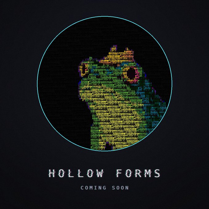 A promotional graphic titled "HOLLOW FORMS — COMING SOON" featuring a colorful glitch-style digital portrait inside a circle on a dark background.