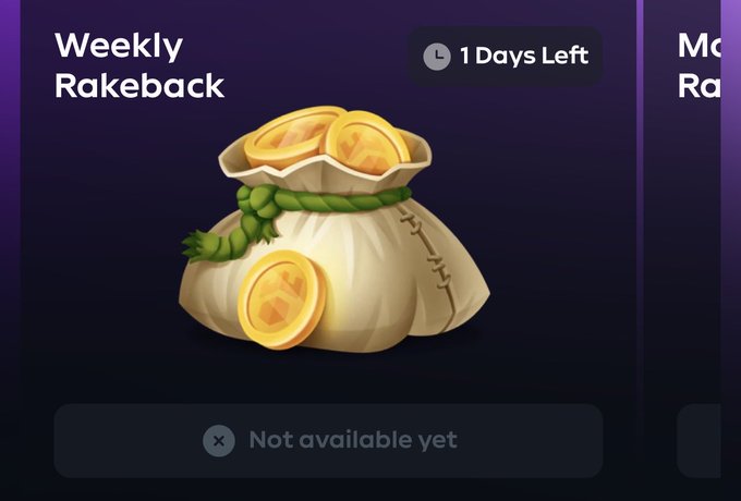 A promotional graphic for "Weekly Rakeback" on Gamdom shows an illustrated money bag with gold coins tied with green rope, indicating "1 Days Left" before the offer expires but currently marked as "Not available yet." The image aligns with the post highlighting that weekly rakeback rewards go to VIPs on the @gamdom platform.