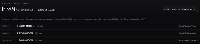 A dark-themed dashboard titled 'BUYBACK & BURN - $MOON' showing 15.58M $MOON burned (1.56% of supply), with recent transactions including 11.37M and 2.27M $MOON buybacks and a 1.94M $MOON fee burn, labeled 'EVERY BURN ON MONADSCAN'.