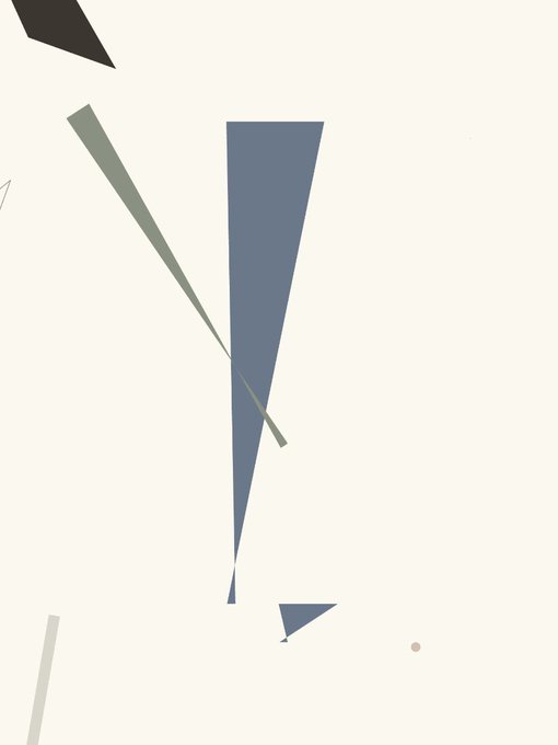 A minimalist abstract composition on a cream background featuring a dark blue inverted triangle intersected by a diagonal gray line, accompanied by smaller geometric shapes.