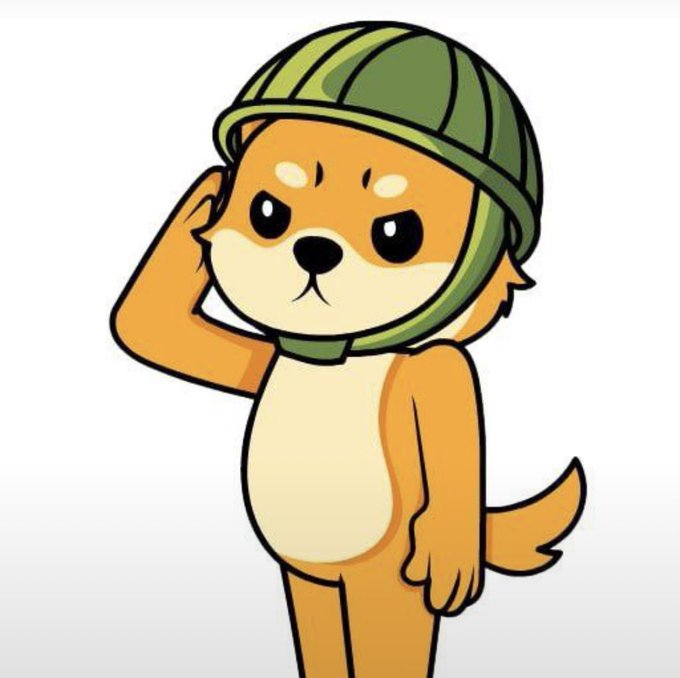 A cartoon illustration of a small dog wearing a green military helmet, standing at attention and saluting against a white background.