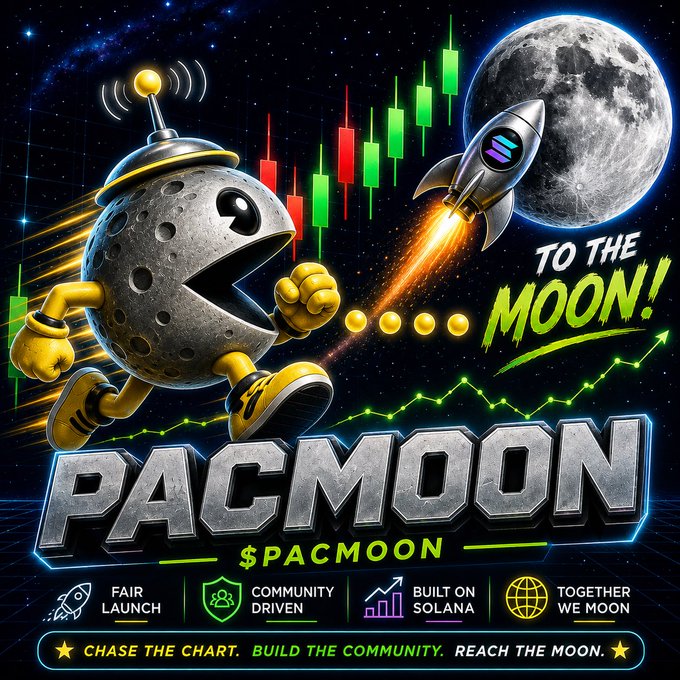 A promotional graphic for $PACMOON, a Solana-based meme coin, featuring a Pac-Man-like moon character running with a rocket ship against a backdrop of candlestick charts and the moon, with taglines 'FAIR LAUNCH', 'COMMUNITY DRIVEN', 'BUILT ON SOLANA', and 'TO THE MOON!'.