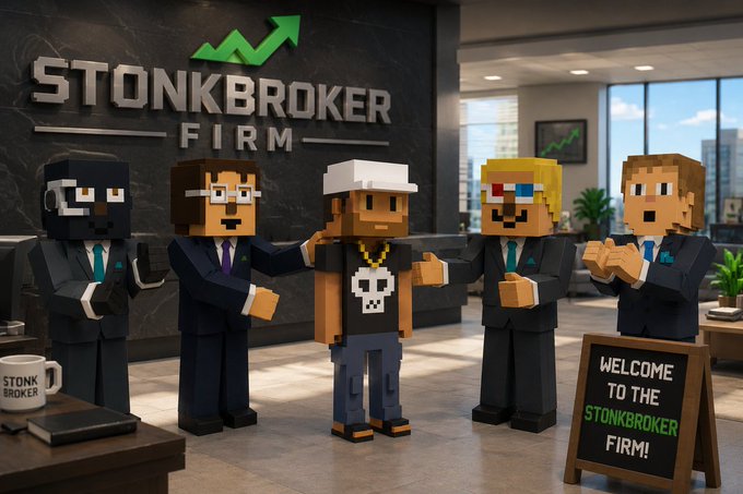 A Minecraft-style 3D rendered image showing blocky character avatars in suits at 'STONKBROKER FIRM' office, including characters resembling financial figures with a 'WELCOME TO THE STONKBROKER FIRM!' sign.