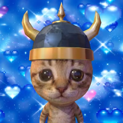 A digitally created image of a sad-looking cat wearing a Viking helmet with horns against a sparkly blue background filled with hearts and diamonds.