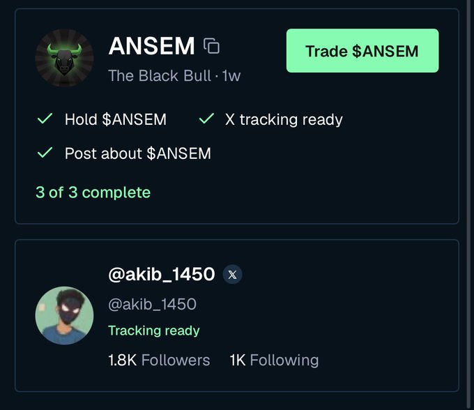 A tracking interface shows 'ANSEM - The Black Bull' with 3 of 3 tasks complete (Hold $ANSEM, X tracking ready, Post about $ANSEM) alongside an X profile for @akib_1450 with 1.8K Followers marked 'Tracking ready'.