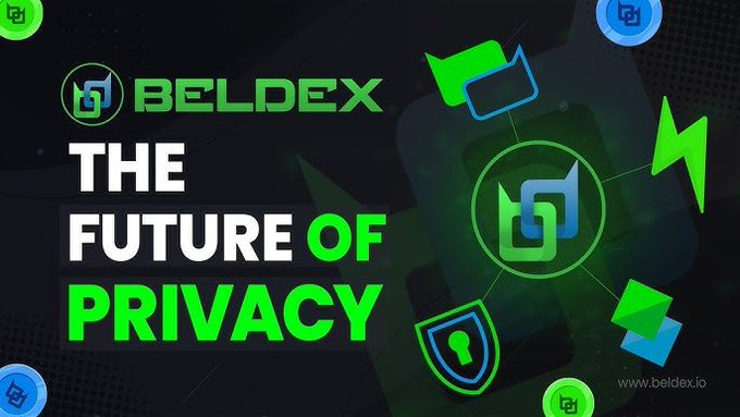A promotional banner for Beldex featuring the text 'THE FUTURE OF PRIVACY' and the website www.beldex.io, set against a dark background with green and blue security and messaging icons.