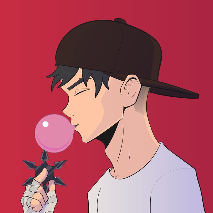 A digital anime-style illustration of a young man in profile wearing a black backwards baseball cap, blowing a pink bubble gum bubble while holding a black shuriken against a solid red background.