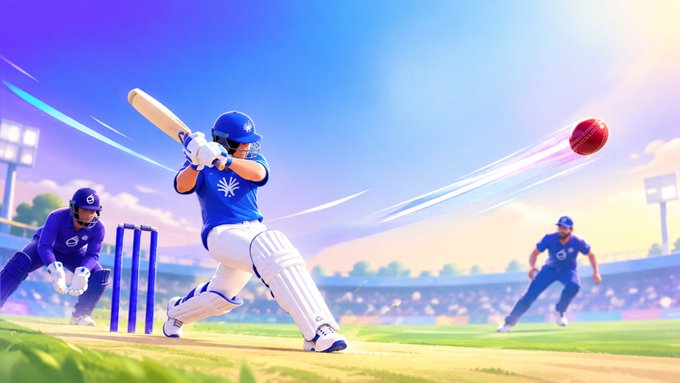 A colorful digital illustration of a cricket match, showing a batsman in blue gear swinging at a red ball with fielders positioned around the pitch.