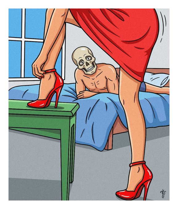 A cartoon illustration of a woman in red high heels and a red dress standing near a green table, with a skeletal figure on a bed behind her.