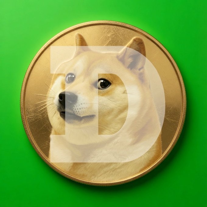 The image features a gold coin with a dog's head on it, which has been edited to display the word "D" instead of the typical "dog". The background color is green, providing a contrast that makes the coin stand out. The caption above the image reads "有道理，狗狗币持有者成了难民", which seems to be a reference or description of the edited coin design.