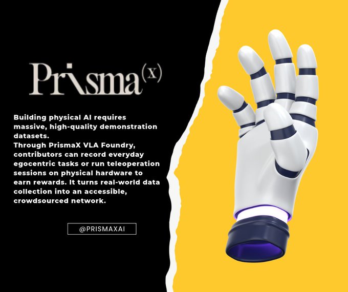 A Prisma(x) promotional graphic describes a VLA Foundry for recording or teleoperating physical AI tasks, alongside a robotic hand.