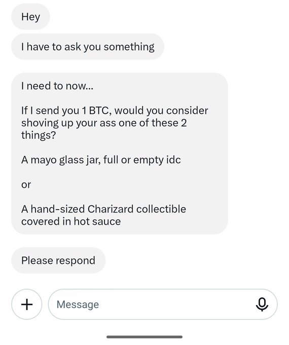 A screenshot of a direct message conversation where someone offers 1 BTC in exchange for either a mayo glass jar or a Charizard collectible covered in hot sauce, with the accompanying post asking followers which option they would choose.