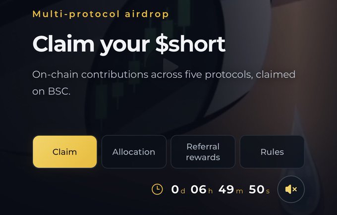A dark-themed webpage advertising a 'Multi-protocol airdrop' with the headline 'Claim your $short' and a countdown timer showing 0d 06h 49m 50s, featuring buttons for Claim, Allocation, Referral rewards, and Rules.