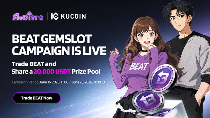 The image features an advertisement for Audera's Gem Slot Campaign, with two characters from a anime showing off their gem slot trading cards. The campaign focuses on promoting trade to share a 20,000 US dollar prize pool among participants. This exciting opportunity is available now and will expire at 10 days after the campaign ends if you fail to join by then!