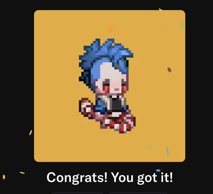 The user wants a concise caption describing the image.
I need to look at the visual content and the text provided in the prompt.

**Visual Analysis:**
- The image shows a pixel art character. It looks like a chibi-style figure with blue spiky hair, white face, red cheeks, wearing a black and white outfit and red/white striped pants.
- The background is a solid mustard yellow color inside a rounded square frame.
- There are some confetti-like specks around the frame.
- Below the image, there is large white text: "Congrats! You got it!"

**Text Analysis:**
- The prompt provides context: "My collection has expanded! I became an @onchainheroes owner! The endless fishing trips can begin! @AbstractChain @Abstract_Eco".
- The image itself contains the text "Congrats! You got it!".

**Synthesizing the Caption:**
- The image is a "congrats" screen, likely from a