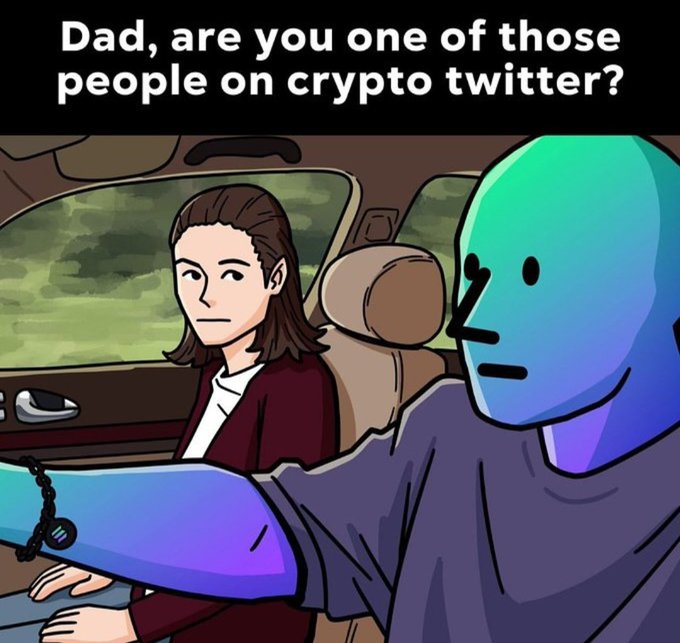 A comic illustration of a woman in a car looking at a blue-skinned character in the driver's seat, with text reading 'Dad, are you one of those people on crypto twitter?'