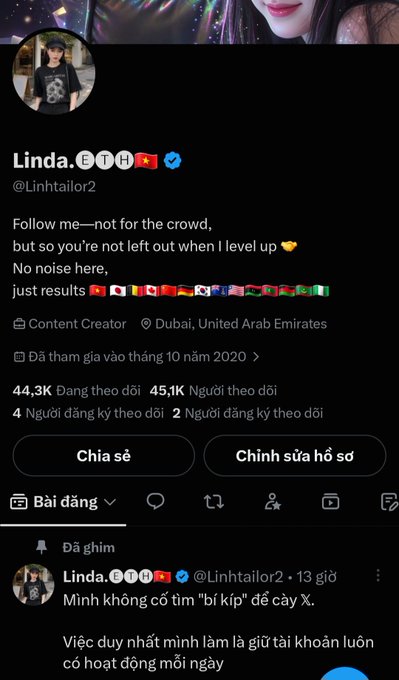 A screenshot of an X (formerly Twitter) profile belonging to "Linda. 🇪🇹🇨🇳🇦🇪" (@Linhtailor2), based in Dubai, UAE, showing 44.3K following, 45.1K followers, and 4 subscribers. The pinned post emphasizes consistency and daily engagement as keys to growth, aligning with the caption's message about the journey toward reaching 100K followers through persistent effort.