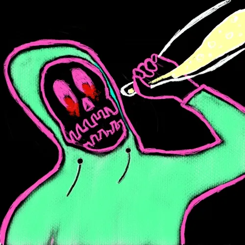 A hooded figure with a grinning skull face, rendered in bright green and pink, tilts its head back while drinking from a yellow soda can with white polka dots.