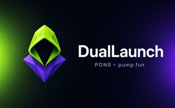 Promotional graphic for 'DualLaunch' featuring a green and purple 3D crystal logo with the subtitle 'PONS • pump.fun' on a dark background with green and purple gradients.