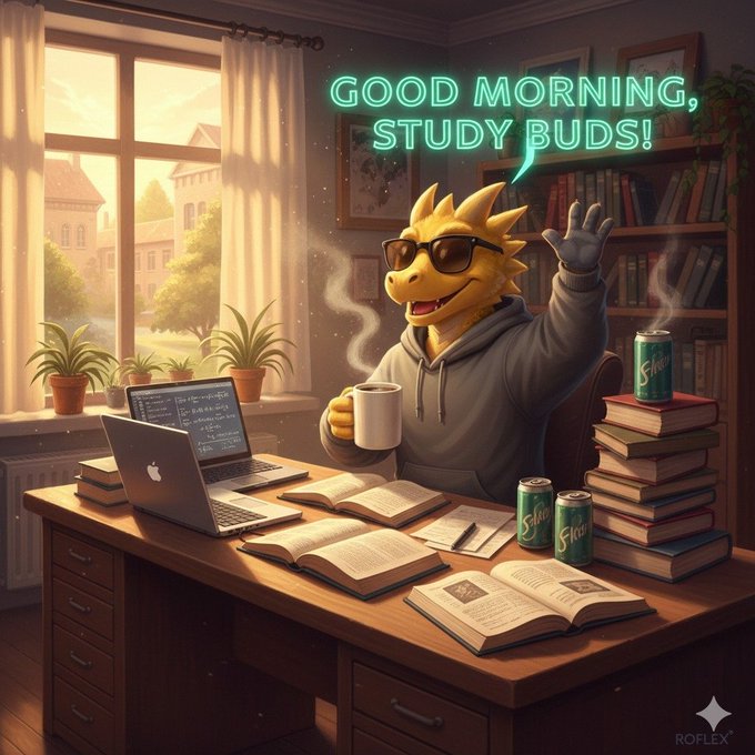An illustration of an anthropomorphic yellow dragon wearing sunglasses and a grey hoodie sitting at a desk with books and energy drinks, saying 'GOOD MORNING, STUDY BUDS!'.