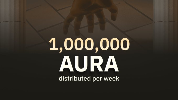 The image shows a poster for an Aura cryptocurrency exchange with a hand holding a coin symbolizing the currency. The poster also includes text that reads "1,000,000 AURA distributed per week" and "Pre-deposits are now available, until the exchange launches the BULK mainnet; at that time, the deposited USDC will become available margin in your account". This suggests that users can deposit their USDC to purchase Aura tokens.