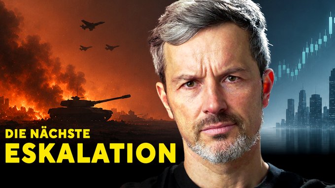 The image depicts the text "DIE NÄCHSTE ESKALATION" alongside a man's face, an exploding cityscape with a tank and jets, and a stock market graph above a city skyline, visually representing the potential market implications of escalating geopolitical tensions.