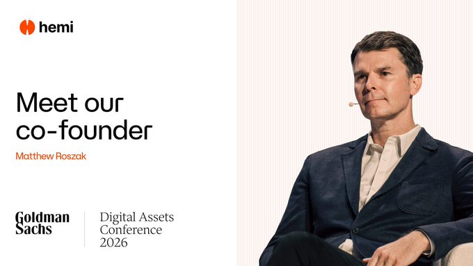 Promotional graphic featuring Hemi co-founder Matthew Roszak speaking at a podium, with text reading "Meet our co-founder Matthew Roszak" alongside the Goldman Sachs Digital Assets Conference 2026 logo, announcing his appearance at the event in London.