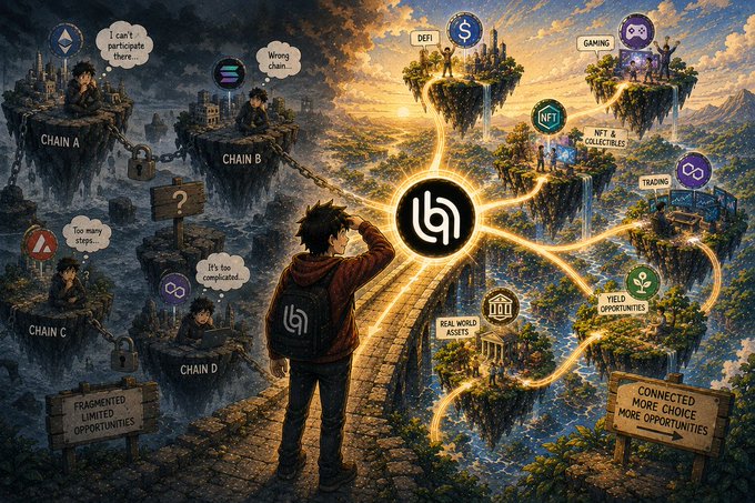 A traveler wearing a backpack with the "h" Helio logo stands at a crossroads, gazing from fragmented dark islands labeled "Chain A," "Chain B," "Chain C," and "Chain D"—marked with complaints like "Too many steps," "Wrong chain," and "Fragmented, Limited Opportunities"—toward a bright, interconnected network of floating ecosystems featuring DeFi, Gaming, NFT & Collectibles, Trading, Yield Opportunities, and Real World Assets, with a sign declaring "Connected, More Choice, More Opportunities." The image visually illustrates the post's message about moving beyond chain-bound thinking toward a seamless multichain experience where users simply see opportunities rather than network barriers.